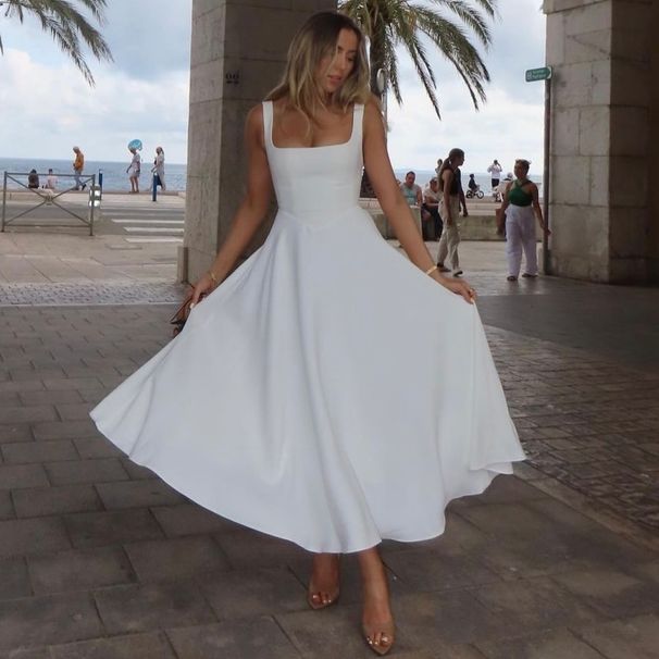 Summer New Women's Elegant Square Neck Sleeveless Slimming Suspender Dress European And American Style Waist Wholesale_ecoleips.com