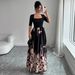 Women's Floral Print Square Neck Midi Dress Elegant A-Line Swing Dress with 3/4 Sleeves Artistic Botanical Print_ecoleips.com