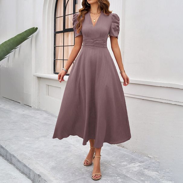 2025 Spring And Summer European And American Temperament Elegant Solid Color High Waist V Neck Solid Color Short Sleeved Dress_ecoleips.com