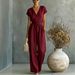 Elegant V-Neck Jumpsuit With Button Front And Adjustable Waist Tie, Solid Color One-Piece Outfit For Women, Chic Lounge To Street Wear_ecoleips.com