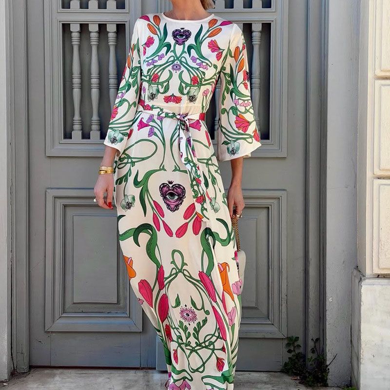 Women O-neck Long Sleeved Lace Up Beach Dress Casual Bohemian Summer Maxi Dresses Geometric Pattern Printed Loose Holiday Dress_ecoleips.com