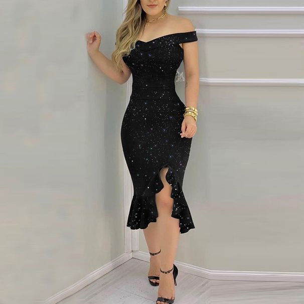Women's Off Shoulder Sequin Mermaid Hem Bodycon Midi Dress – Elegant Party Gown_ecoleips.com