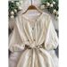 Women's French Style Round Neck Dress Elegant Lantern Sleeve Hollowed Out Embroidery Slimming Waist For Autumn_ecoleips.com