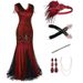 Women's Retro Sequined Dress Set V Neck Fringe Skirt Beaded Evening Gown Party Suit Regular Fit Spring/Autumn_ecoleips.com
