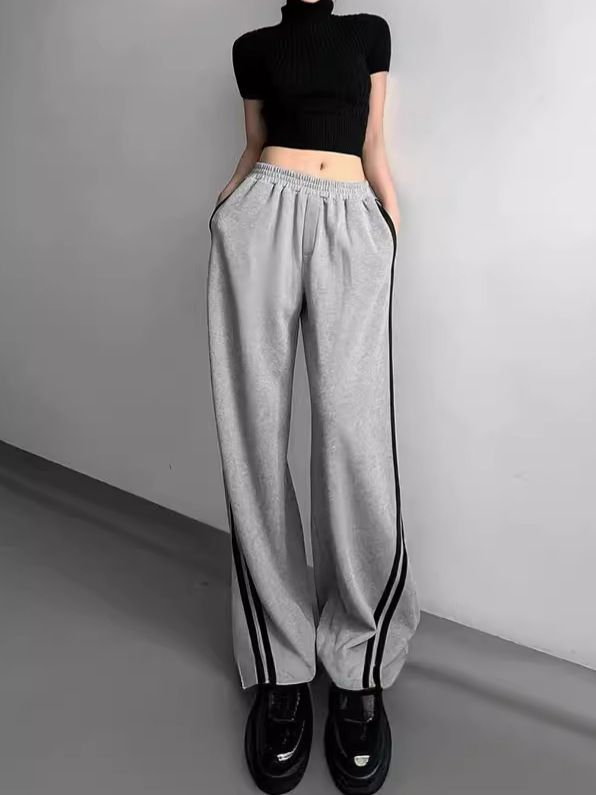 SC001 Striped Sports Women's New Loose Two-stripe Casual Sweatpants Straight Wide-leg Pants For Women_ecoleips.com