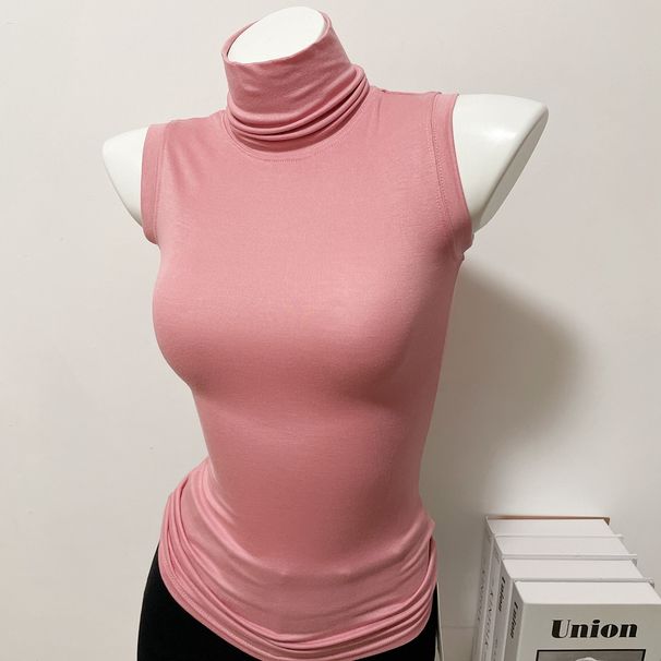 Slim-Fitting Sleeveless Top for Women Chic Solid Color Turtleneck T-Shirt Show off Great Figure_ecoleips.com