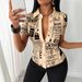 Fashion Newspaper Printed Single Breasted V Neck Shirt Women's Shirt_ecoleips.com