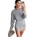 Elegant Round Neck Lace Trim Asymmetrical Long Sleeve T-Shirt For Women – Breathable Polyester Blend, Office & Casual Wear (Blue/White, S-2xl)_ecoleips.com