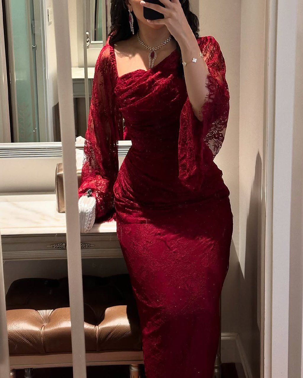 "Elegant Lace & Rhinestone Evening Dress – High Slit & Hip Accent For Gala & Prom (Burgundy, S-XXL)"_ecoleips.com