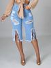 Women High Waisted Ripped Fringe Capri Jeans, Stretchy Light Wash Denim Shorts, Casual Distressed Tassel Hem Knee Length Pants For Daily Streetwear &_ecoleips.com
