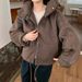 Women's Clothing Stylish Detachable Hooded Wool Blend Coat Casual Short Jacket With Belt & Patchwork Design, Loose Fit, Warm Winter Outerwear_ecoleips.com