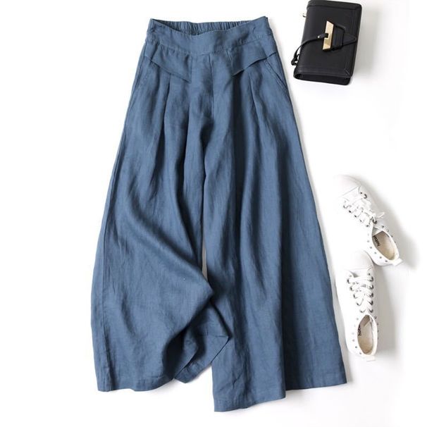 Summer Women's Culottes Cotton Linen Cropped Wide Leg Pants Elastic Waist Casual Palazzo Trousers With Pockets_ecoleips.com