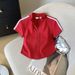 Women's Slimming Short T-Shirt Summer Sporty Zip up Top Black White Color Block Stripes in Stock Real Photos_ecoleips.com