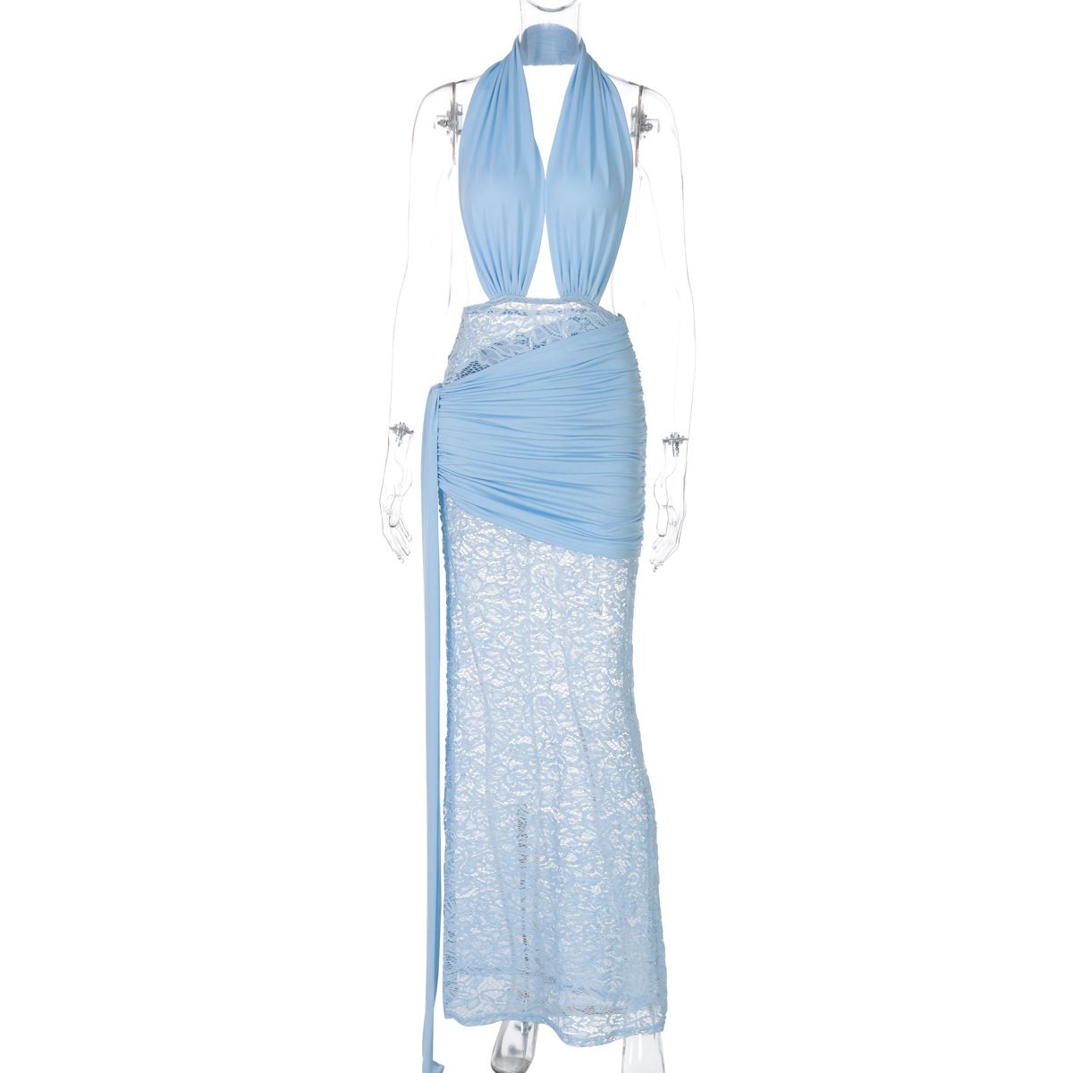 Women's Clothing Spring And Summer Fashion Sexy Lace Splicing Hollow Backless Halter Dress_ecoleips.com