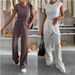 Women's Clothing New Textured Knitted Short Sleeved Tops Wide Leg Trousers Elastic Mid Waist Solid Color Casual Suit_ecoleips.com