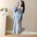 Spring New Korean Fashion Gray Knitted Camisole Dress + Blue Plaid Shirt Two-Piece Set For Pregnant Women_ecoleips.com