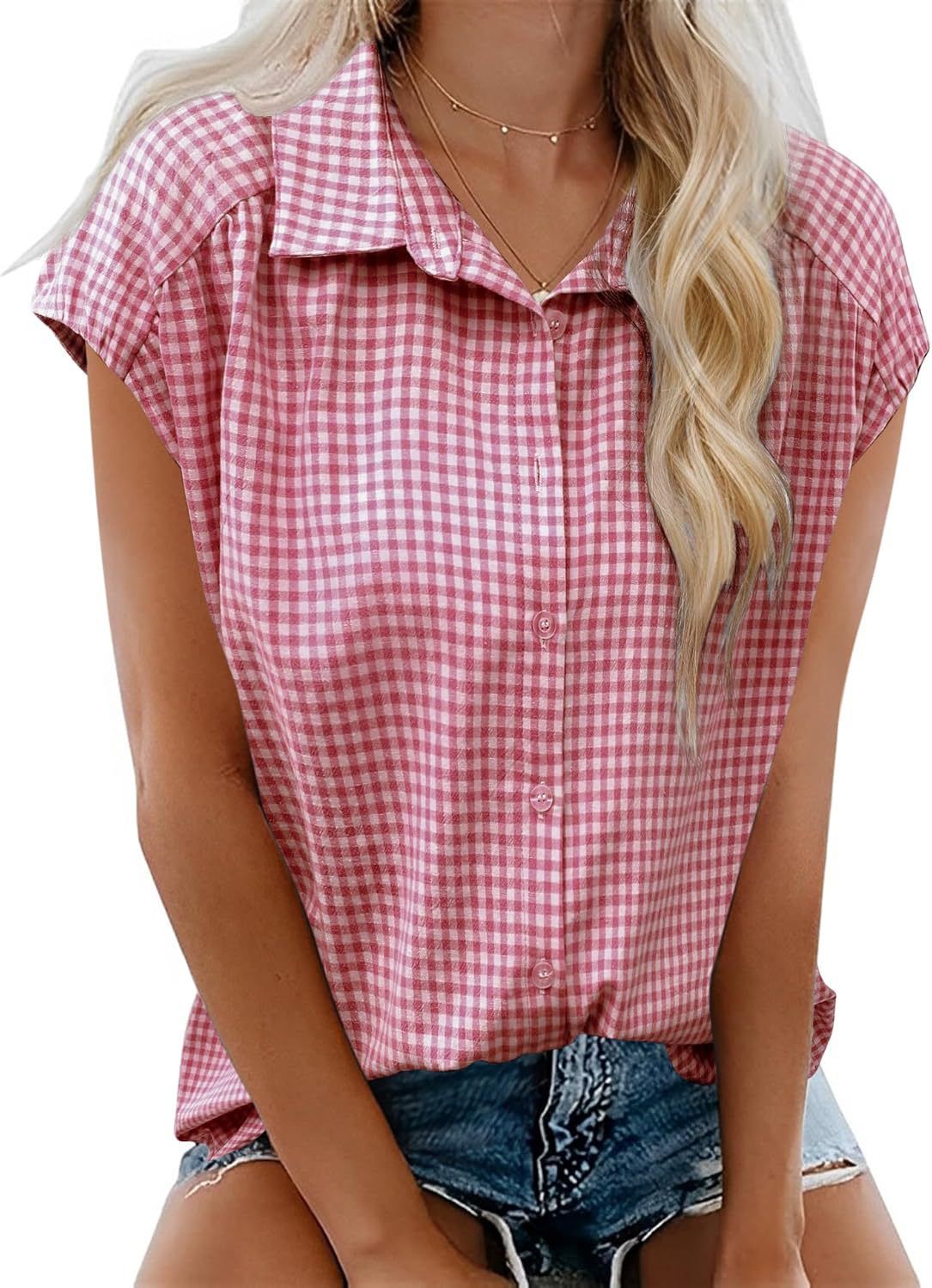 Verve 2025 Women's Fashion Summer New Button-Up Short Sleeve Shirt Turn-Down Collar Casual Plaid Top_ecoleips.com
