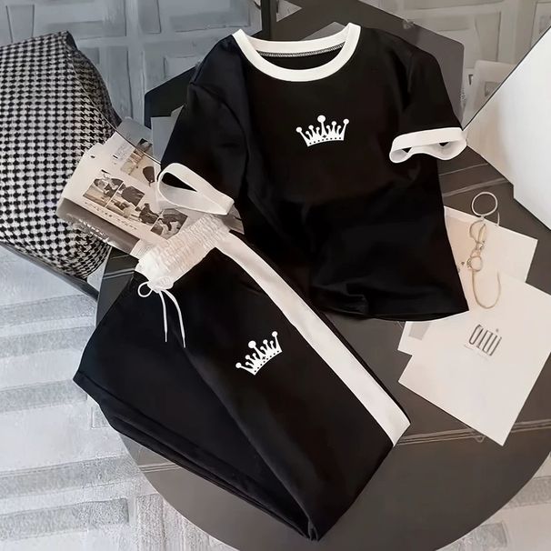 American Style Women's Summer Casual Crown Print T-Shirt And Sweatpants Set Simple Short Sleeve Clothing For Spring Autumn_ecoleips.com