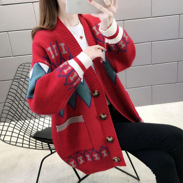 "Stylish Color Block Knit Cardigan – Lightweight V-Neck Shawl Top, Loose Fit For Spring & Autumn"_ecoleips.com