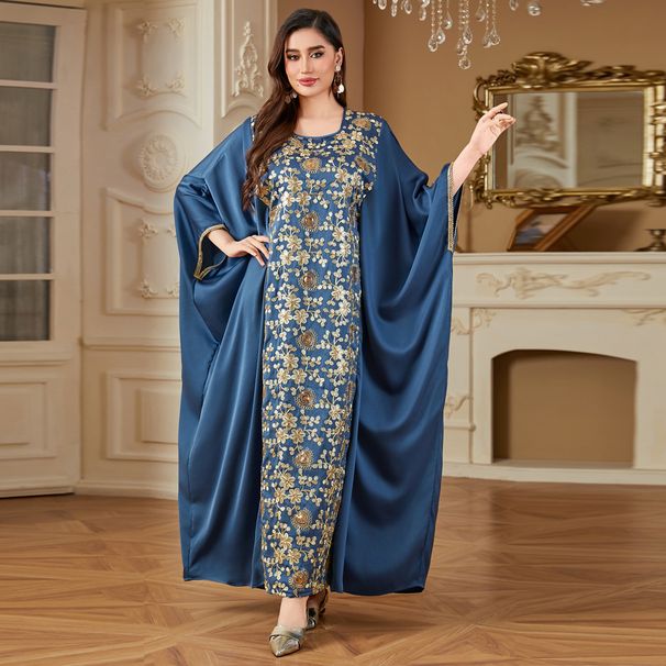 Women's Clothing Fashion Sequins Heavy Embroidery Dress Bat Sleeve Waist Loose Robe_ecoleips.com