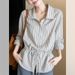 Korean-style Design Cotton-linen Drawstring Waist Striped Shirt Women, Simple Versatile, Elegant And Loose-fitting Top_ecoleips.com