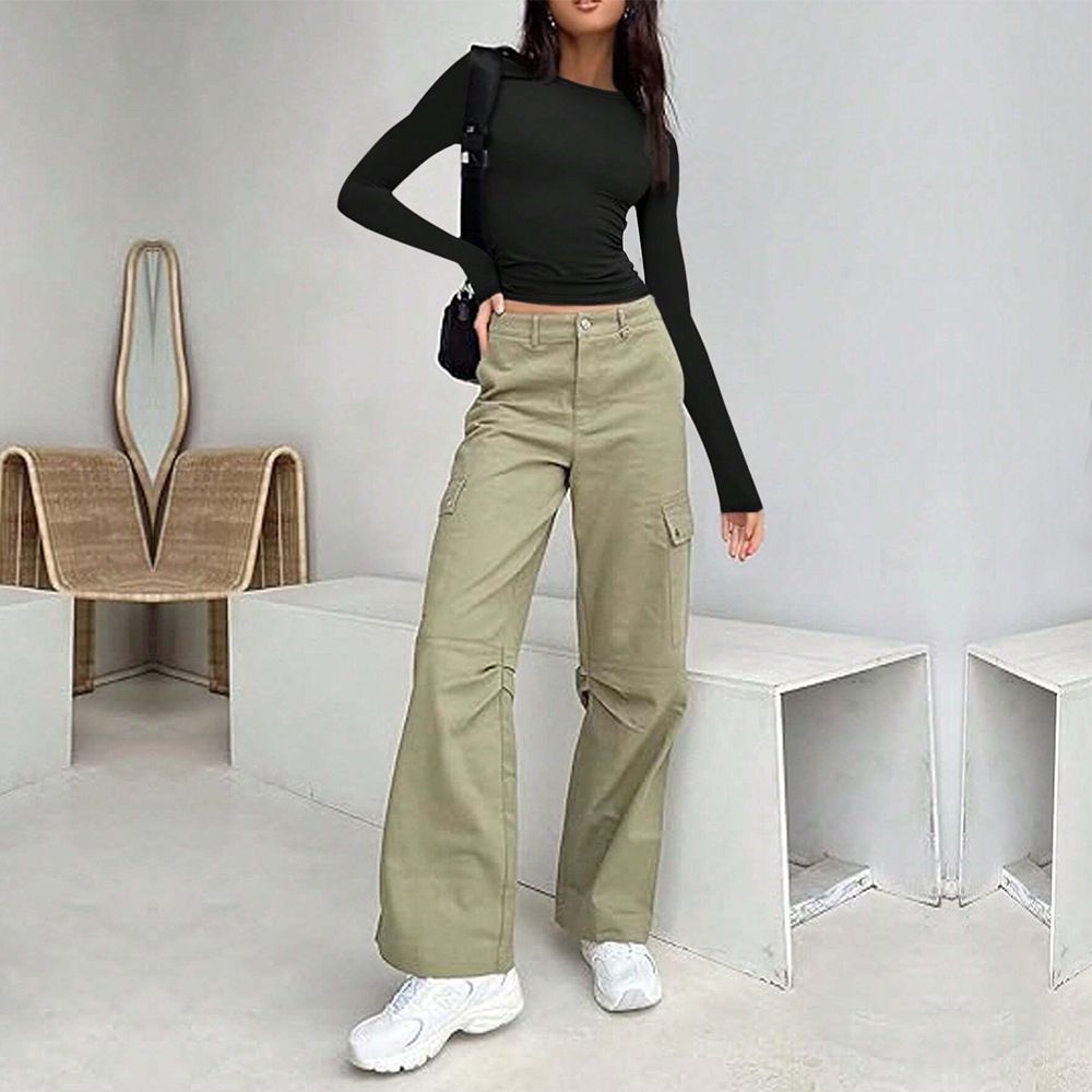 Voya Women's Solid Color Simple T-shirt, Versatile For Spring And Summer Commuting, Slim Fit Interior, Long Sleeved Top_ecoleips.com