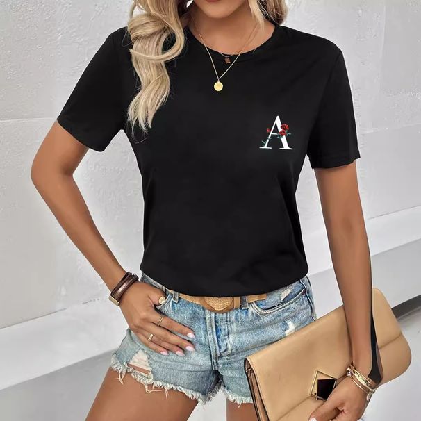 European American Women's Casual Black round Neck Short Sleeve T-Shirt Letter Print Sports Top Summer Fit True to Size_ecoleips.com