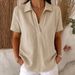 European And American Women's Summer Cotton Linen Solid Color Casual Shirt Short Sleeve Loose Top_ecoleips.com