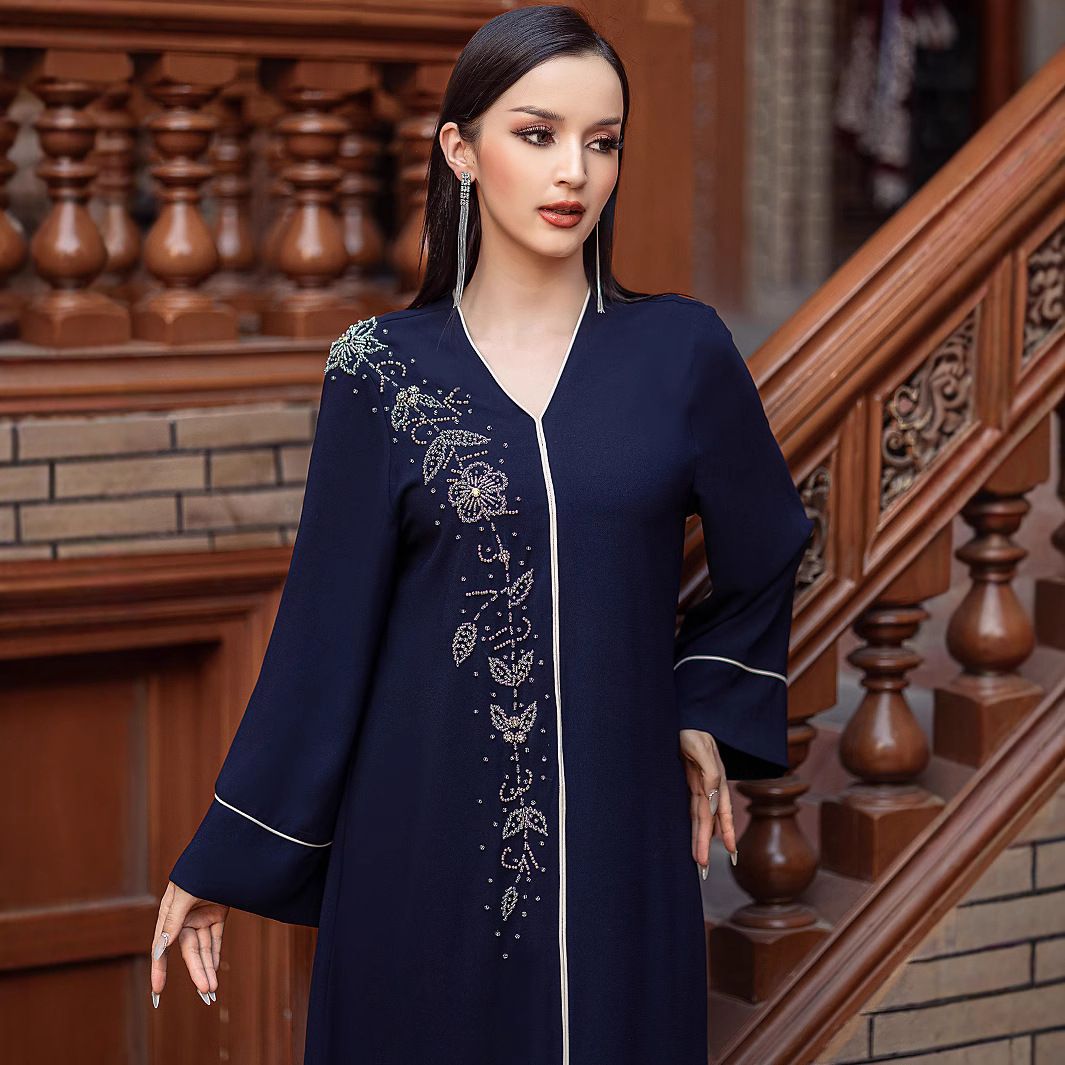 Women's Clothing Navy Blue V Neck Retro Dress_ecoleips.com