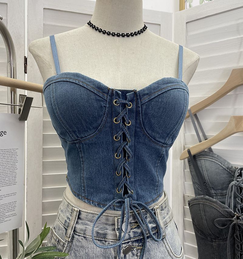 Women's Clothing Real Shot With Chest Pads And Adjustable Shoulder Straps Outer Wear Denim Vest With Bow Tie Short Sling Tube Top_ecoleips.com