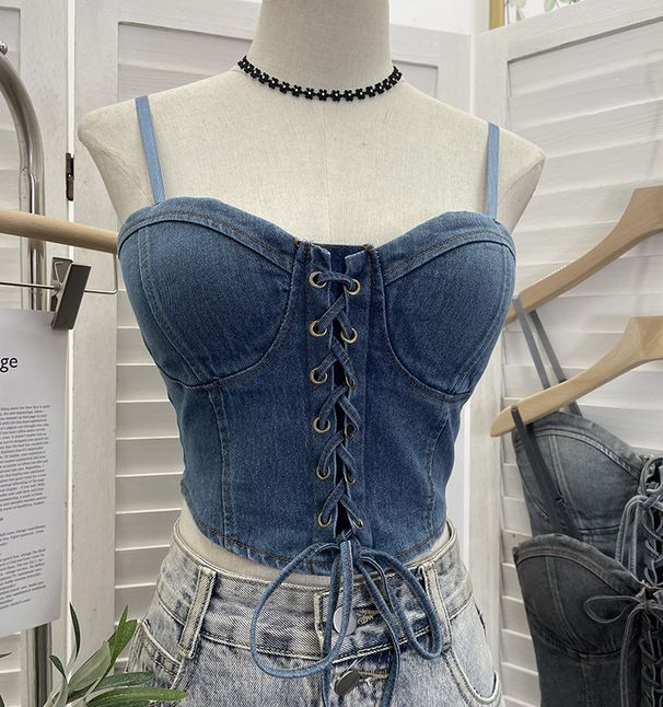Women's Clothing Real Shot With Chest Pads And Adjustable Shoulder Straps Outer Wear Denim Vest With Bow Tie Short Sling Tube Top_ecoleips.com