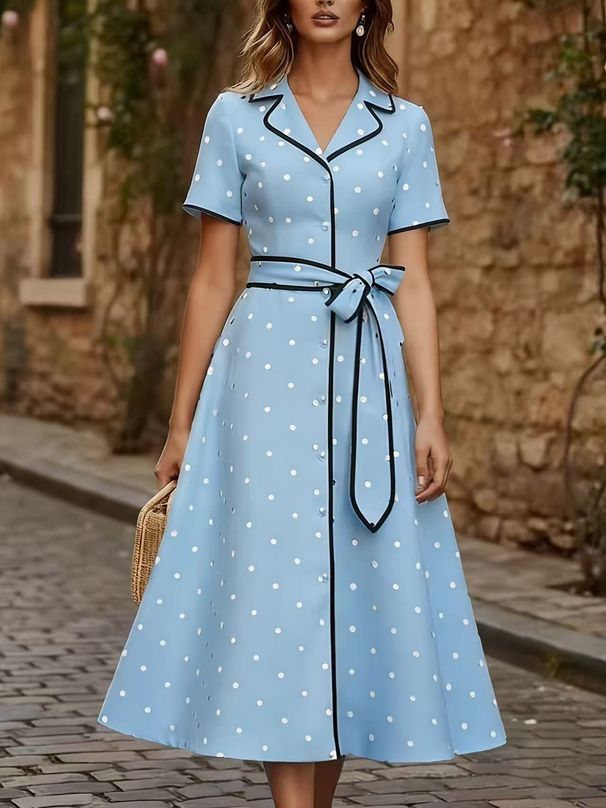 Polka Dot V Neck Button Down Waist Tie Dress Style Drape French Chic Women's Fashion_ecoleips.com