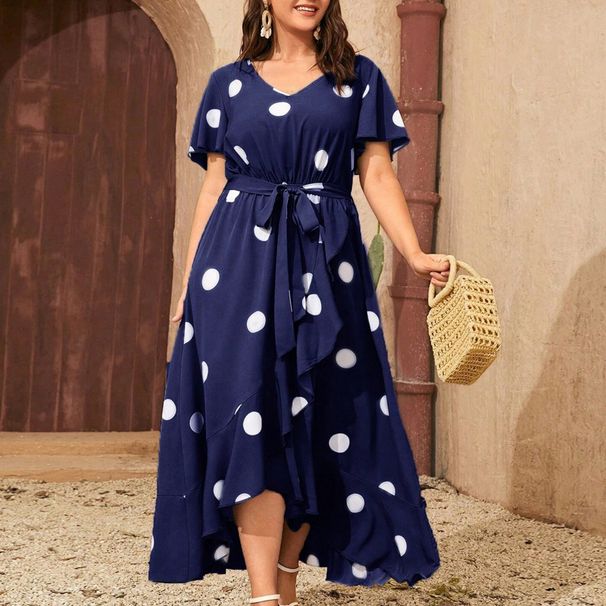 Women's Polka Dot Wrap Dress – Stretchy Waist, Flowy A-Line Silhouette (Plus Size, Breathable Polyester, Casual To Office Ready)_ecoleips.com