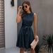 Elegant Ruffle Hem Round Neck Midi Dress With Waist Tie - Flattering A-Line Fit For Women, Royal Blue_ecoleips.com