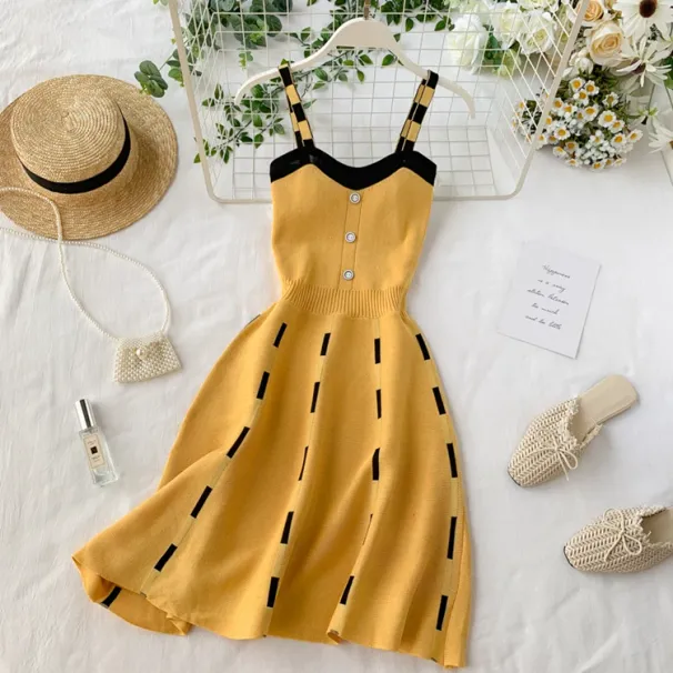 Knitted Contrast Color Sexy V Neck Spaghetti Strap Summer Mini Dress Women Casual Party Yellow Black Sweater Dresses_ecoleips.com