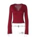 Aria Basics Aria Basics 2025 Autumn New Women's Long Sleeve V-Neck Fashion Sexy Lace Trim Slim Fit T-Shirt Wholesale From Europe And America_ecoleips.com