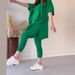 Women's Solid Color Round Neck Large Size Short-sleeved Slit Sweater Casual Suit_ecoleips.com