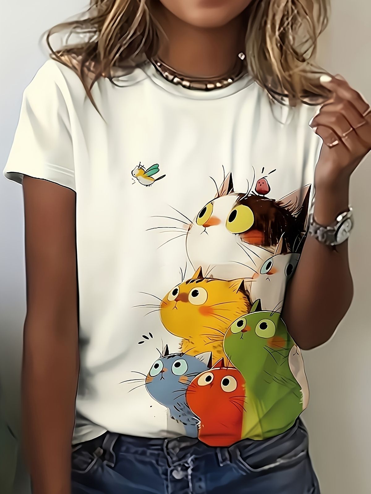 Colorful Stacked Cats Women's Tee - Cute Cartoon Feline Graphic, Playful Print For Casual Daily Wear_ecoleips.com