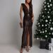 Elegant Hight Waist Solid Party Dress Women Casual Sleeveless Sequined Cocktail Dress 2026 Sexy Deep V-neck Split Evening Dress_ecoleips.com