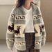 Christmas Knit Zip-Up Cardigan – Embroidered Floral & Animal Print Oversized Sweater Coat (Gray/Black) | Heavy Jacquard Pullover_ecoleips.com