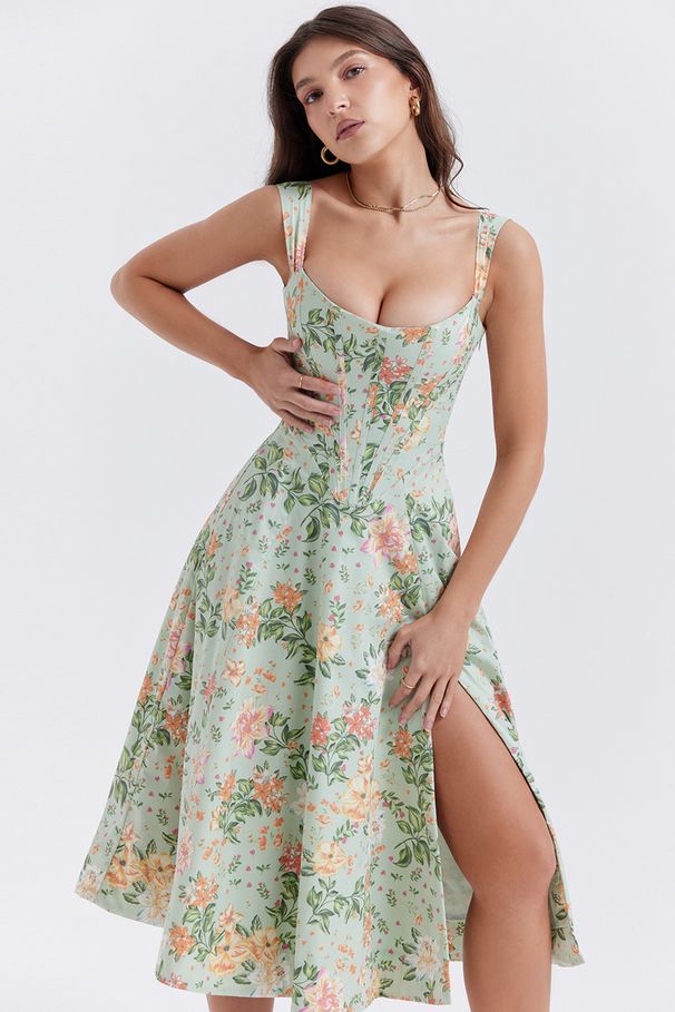 Summer New European And American Style Waist-cinching Short-sleeved Slimming Long With Straps, Sexy Slit Floral Dress_ecoleips.com