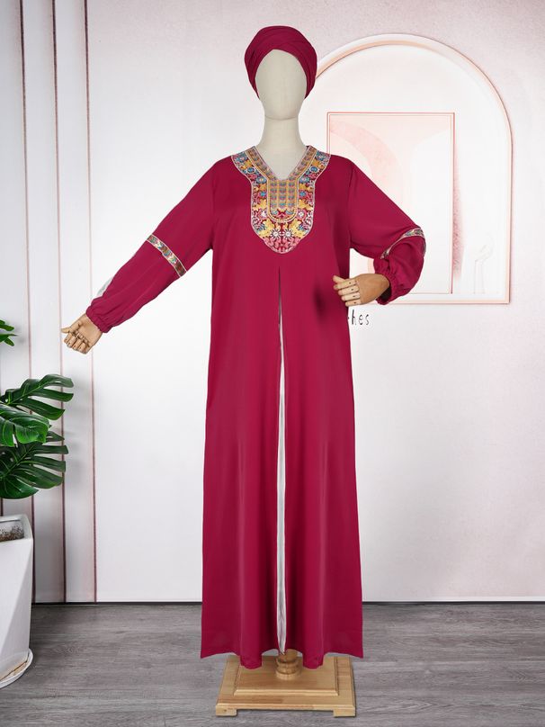 Modest Muslim Abaya Dress For Women - Oversized V-Neck Dubai Kaftan With Color Blocking, Loose Fit Islamic Long Robe For Work & Travel_ecoleips.com