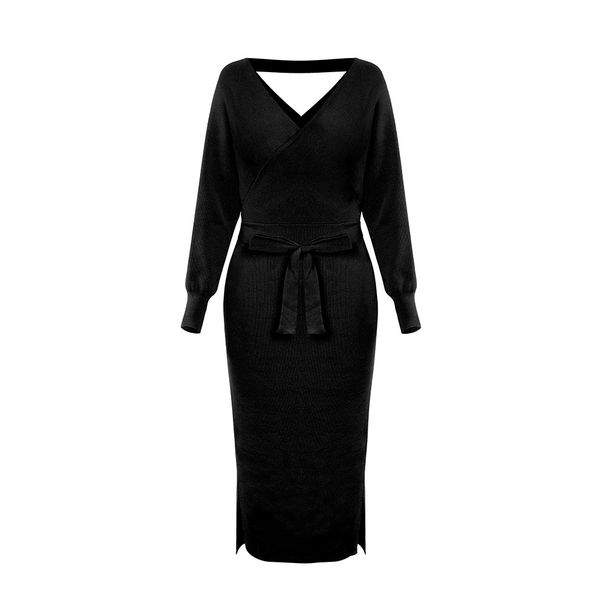 Elegant V-Neck Knit Dress – Stretchy Long-Sleeve Bodycon Midi Dress For Women, 4 Colors (Black/Red/Taupe/Gray), S/M & L/XL_ecoleips.com
