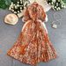 Elegant French Style V Neck Dress with Bow Printed Design Lantern Sleeves Slimming Waist Ruffled Hem for Women_ecoleips.com