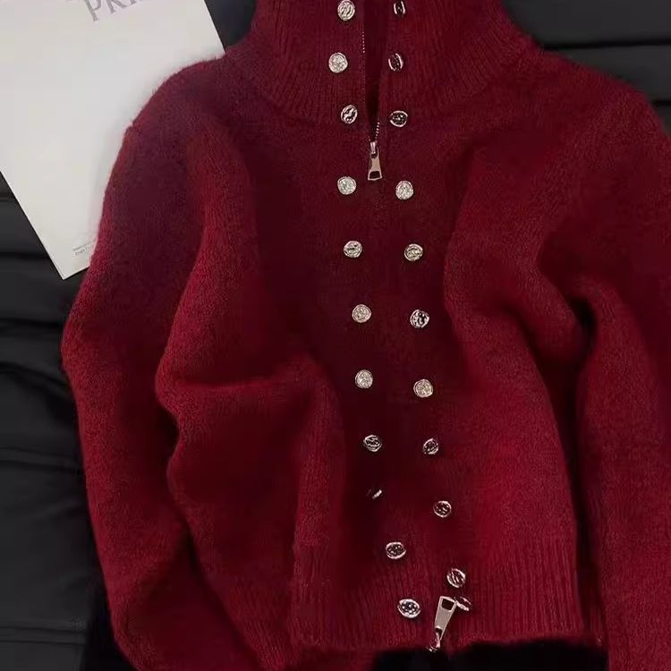 Women's Heavyweight Double-Breasted Stand Collar Zip-Up Knit Sweater Coat – Cozy Winter Pullover With Lazy Chic Style (Grey/Red)_ecoleips.com