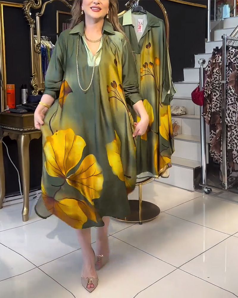 Women's Clothing Autumn New Fashion Lapel Gradient Color Printing Loose Dress Women's Clothing_ecoleips.com