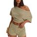Hot-selling Striped Slanted Shoulder Loose Shoulder Top High Waist Shorts Set, Slim Two Pieces_ecoleips.com