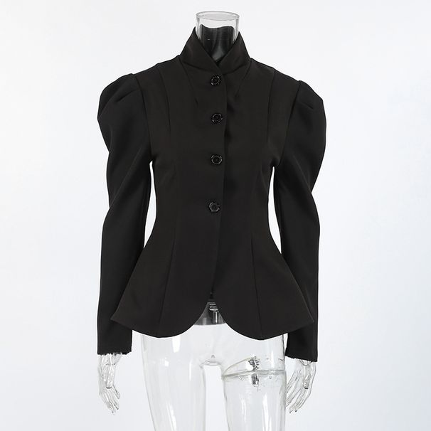 French-Inspired Black Blazer With Stand Collar – Elegant Bubble Sleeve Jacket For Work & Evening (S/M/L)_ecoleips.com