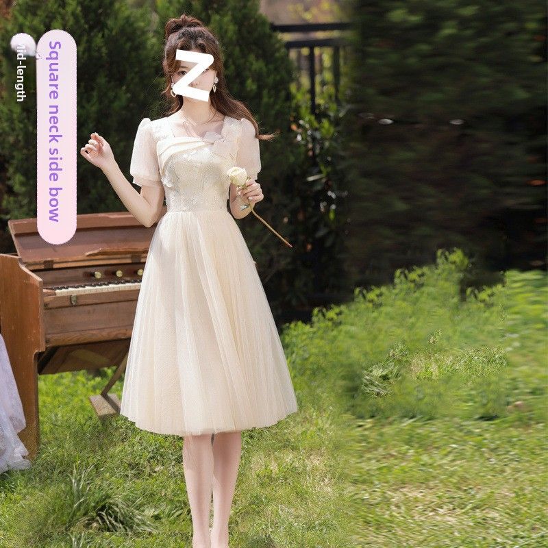 Champagne Color 2025 Wedding Female Bride Sister Group Bridesmaid Graduation Performance Dress_ecoleips.com