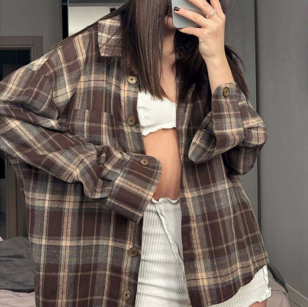 Vintage Plaid Shirt Jacket – Oversized Cotton Blend Long Sleeve Button-Up (Coffee/Tan, Relaxed Fit, Distressed Finish, Unisex Layering Essential)_ecoleips.com